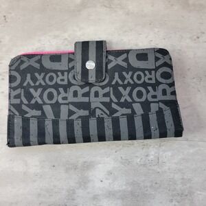 Roxy Black & Gray Logo Print Striped‎ Bifold Wallet with Pink Interior Y2K